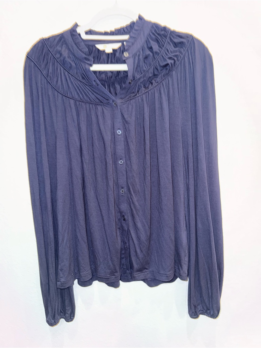 Boden Navy Ruffled Yoke Button-Down Blouse